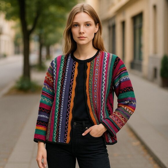 Casual Corner Sweaters - Casual Corner Limited Edition Knitted By Hand Cardigan Sweater Small Rainbow